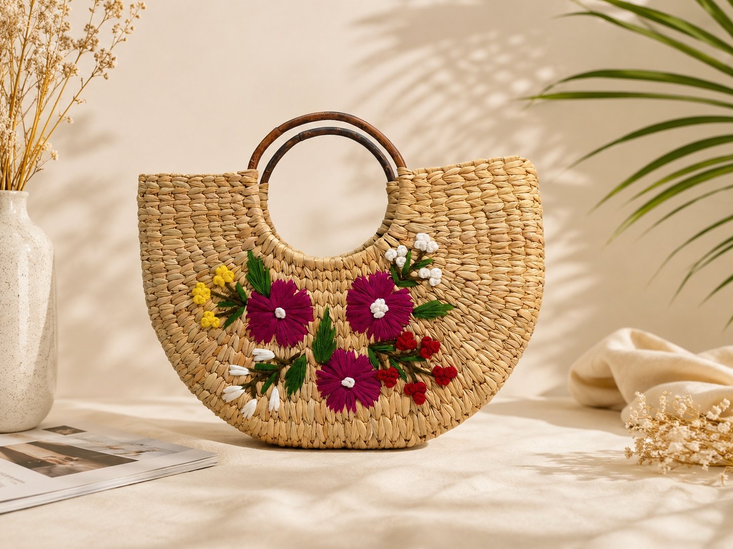 Manipur Handmade Kauna Grass Floral Tote Bag | Eco-Friendly Woven Handbag — handmade in Manipur, North East India