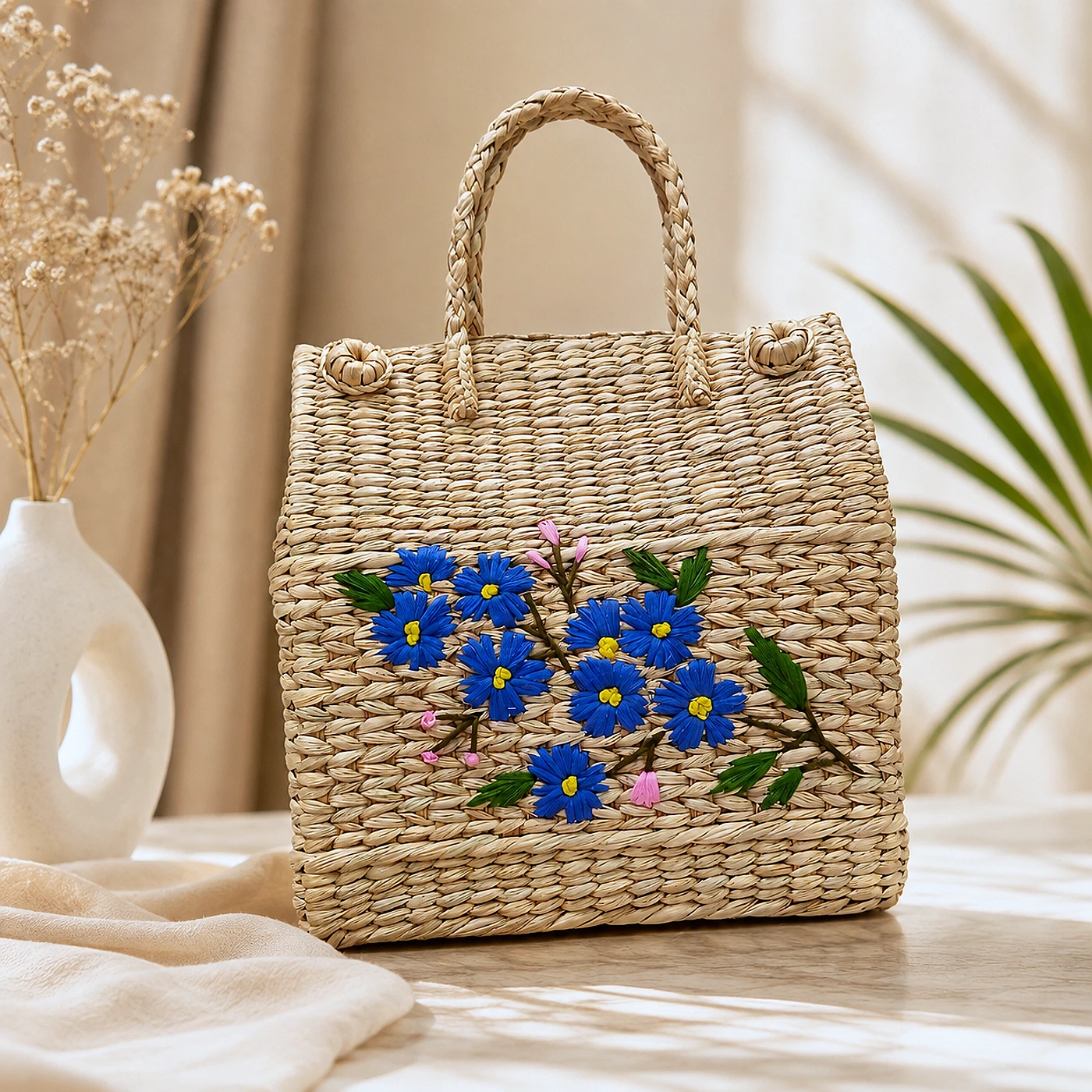 Handwoven Natural Fibre Floral Kauna Bag โ Blue Blossom Edition โ from Manipur, North East India